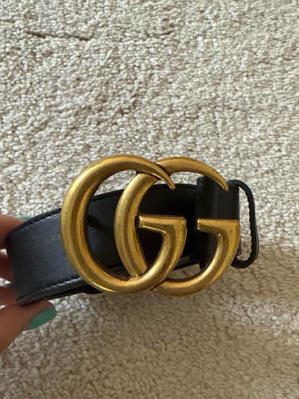 Gucci Black Leather Belt with Aged Gold Double-G Buckle